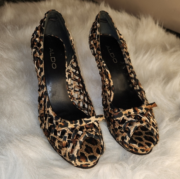 ALDO Leopard Print Open Toe Mesh Heels - Picture 2 of 7